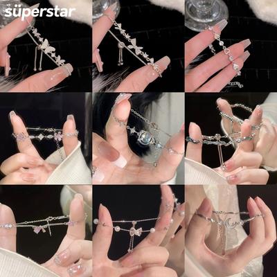 Koreanisches verstellbares Silberarmband mit Kristallen für Frauen mit Schleife und Anhänger