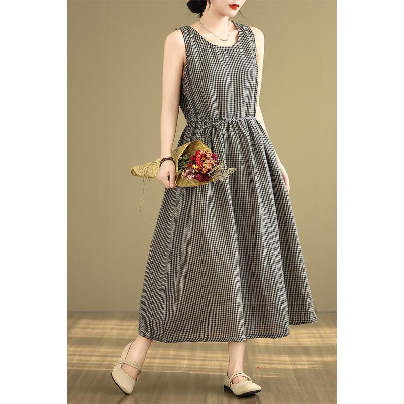 Real shot summer new literary loose cotton and linen plaid sleeveless dress women's vest skirt