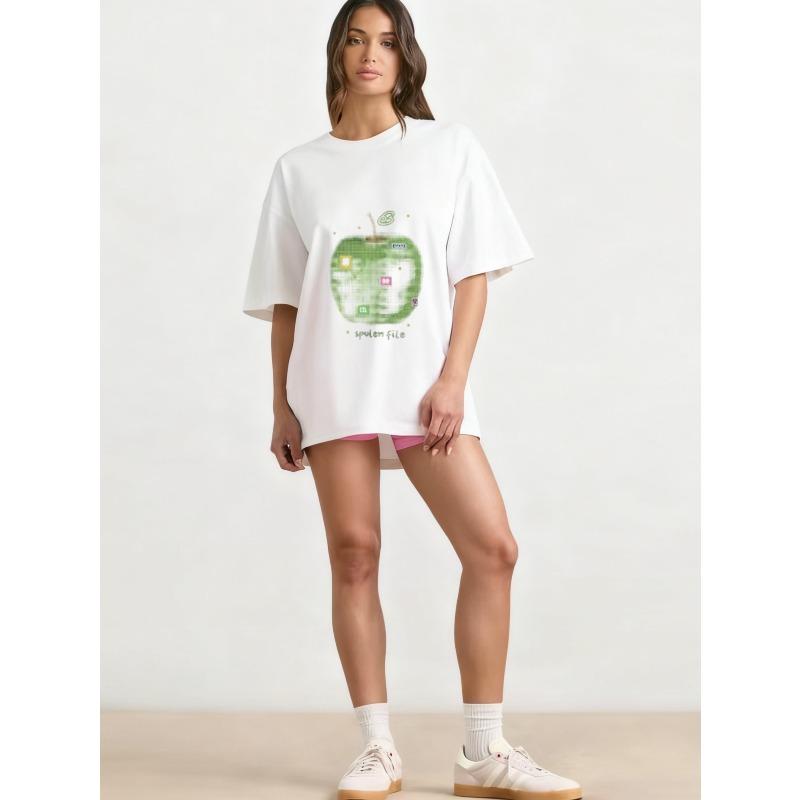 Oversized T Shirt Black Apple Graphic Print With Spulen File Text Casual Streetwear For Women