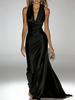 Europa und Amerika 2026 Sommer Hals Satin Abendkleid Langes Kleid Tiefer V-Ausschnitt Rückenfrei Elegant Party Brautjungfernkleid