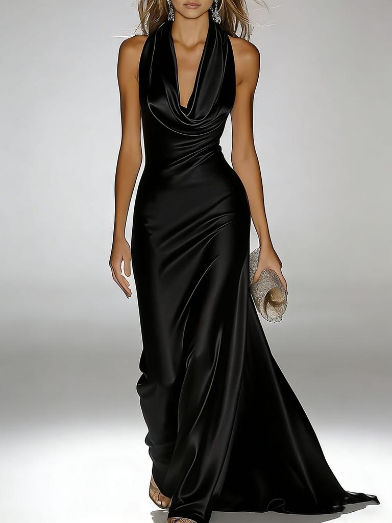 Europa und Amerika 2026 Sommer Hals Satin Abendkleid Langes Kleid Tiefer V-Ausschnitt Rückenfrei Elegant Party Brautjungfernkleid