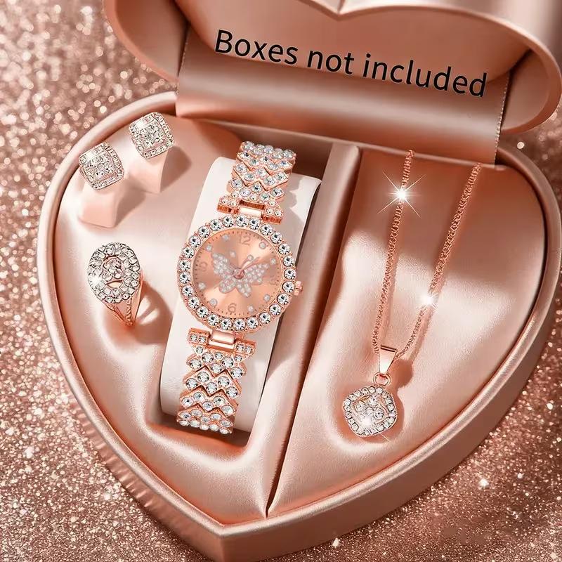 5Pcs Ladies Watch Set, Stylish Casual Ladies Quartz Watch And Necklace Ring Earrings Jewelry Set