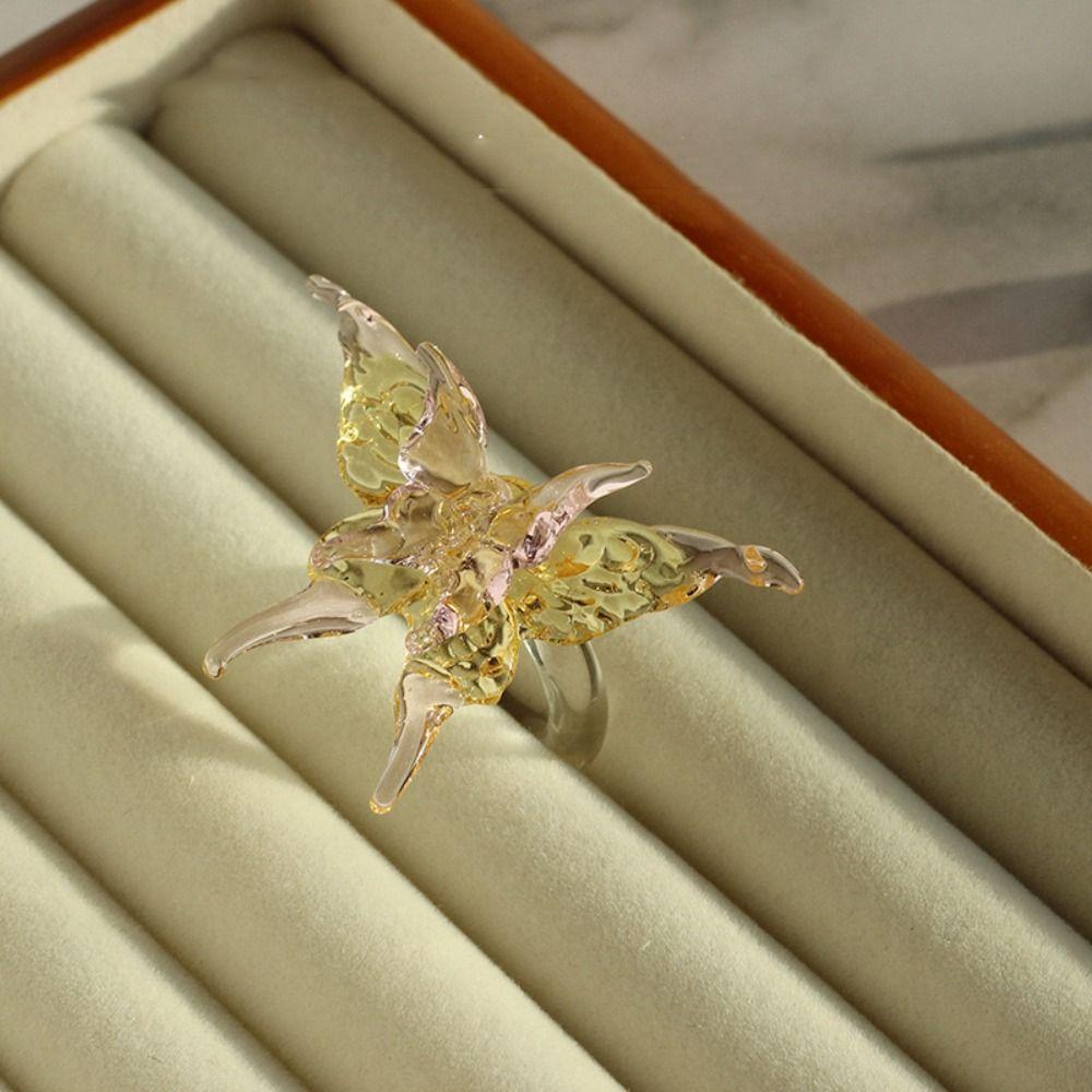 Exquisite Colorful Flower Ring Glass Crafts Chinese Dragon Ring Glaze Butterfly Ring Girls