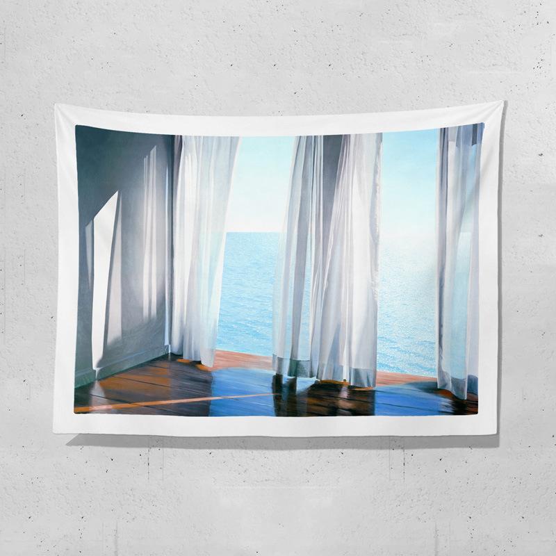 Oceanview window backdrop fabric digitalprinted polyester tapestries living rooms bedrooms macrame wall hanging room decor