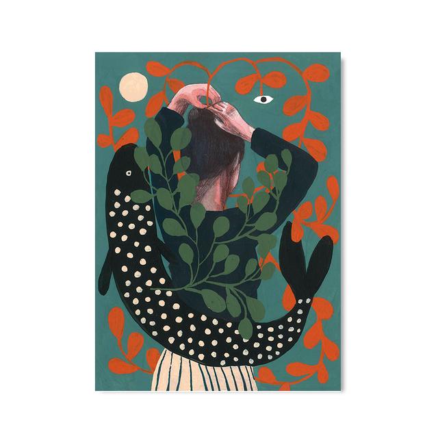 

Рамка из цельного дерева, плакаты на скандинавскую тему, принт, иллюстрация, женщина, рыбы, растения и животные, Jagua, настенная живопись на холсте, картина для гостиной, домашний декор 15*20cm(with frame)