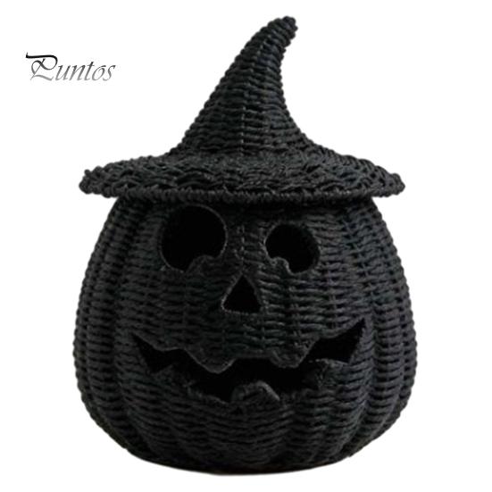 Black Braided Halloween Prop Handwoven Pumpkin Basket with Witch Hat Lid, Rustic Wicker Trick Fall Housewarming Gifts or Treat Bucket for Indoor