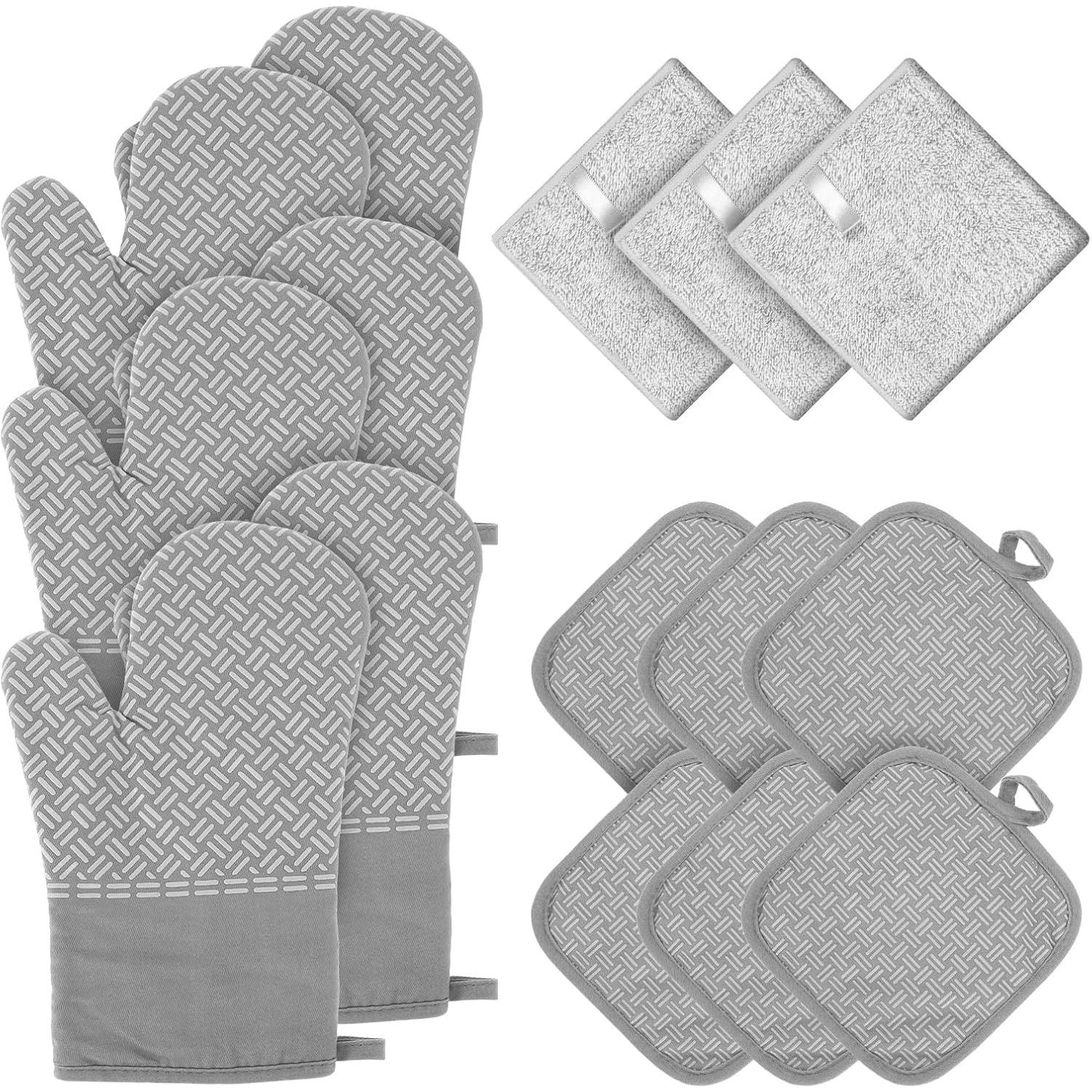 Oven Mitts and Pot Holders Set with Towel Kitchen Oven Glove High Heat Resistant Hot Pot Holder Set Extra Long Oven Mitts with Non-Slip Silicone 15PCS