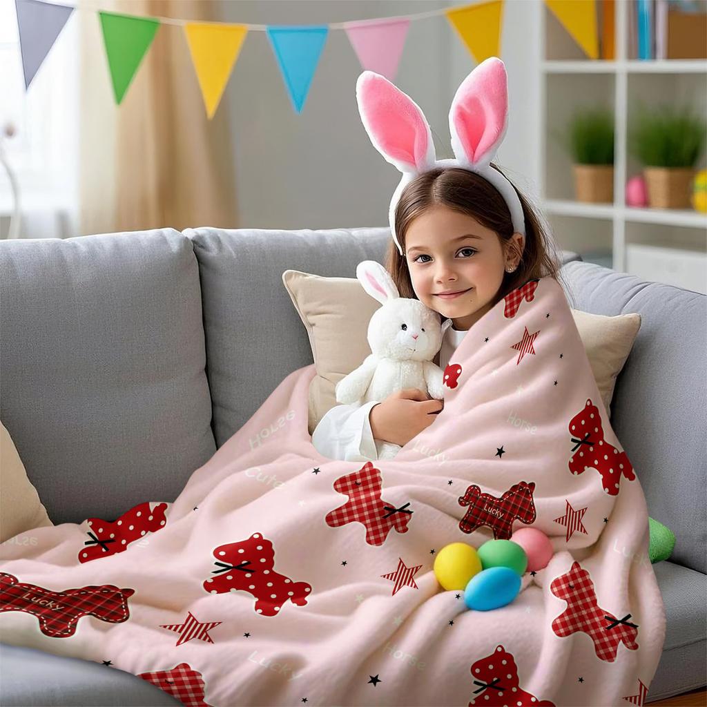 1PC Sweet Pink Pony Plaid Print Fleece Throw Blanket for Adult Quality Super Soft Warm Universal Blanket for Travel Office Home