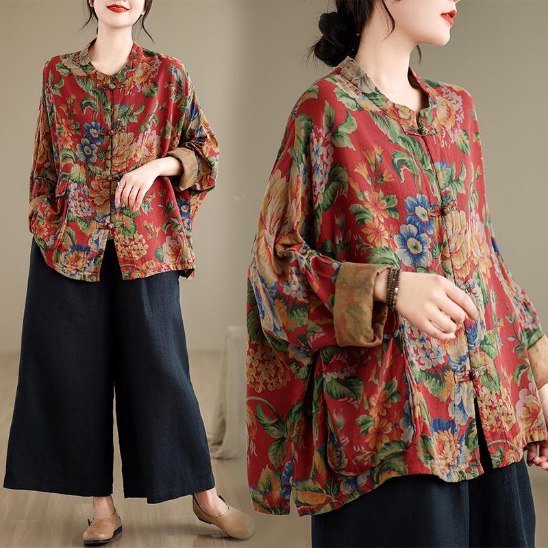 Real Shot 2025 Cotton Linen Frog Button Shirt Retro Cardigan Top