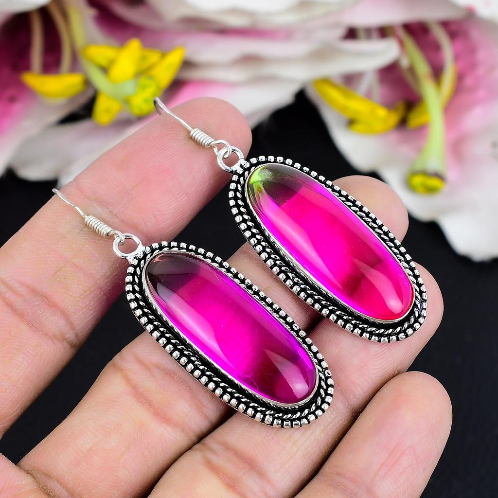 Bi-Color Tourmaline Gemstone 925 Sterling Silver Jewelry Earring 2.48" KG-1769