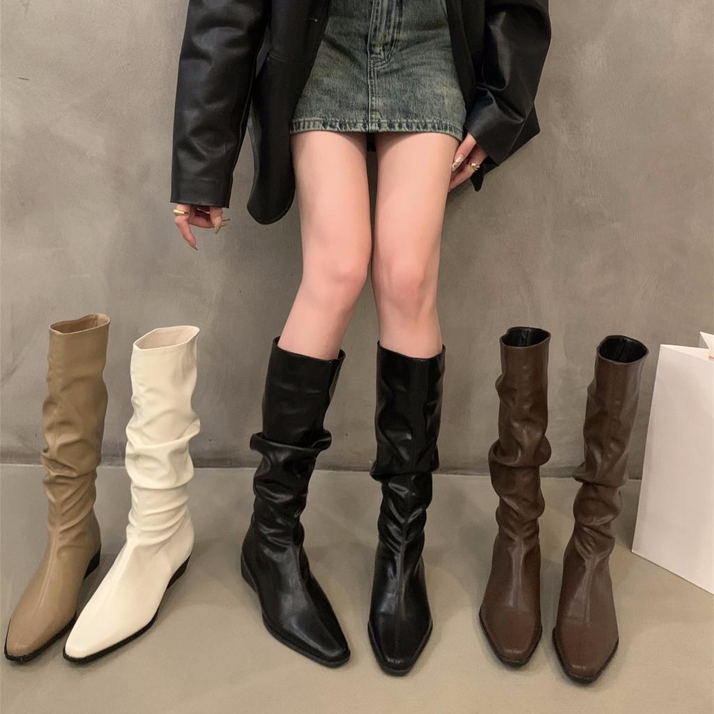 Thick heel pleated long tube knight boots women's shoes 2025 new spring and autumn western thin medium tube long boots