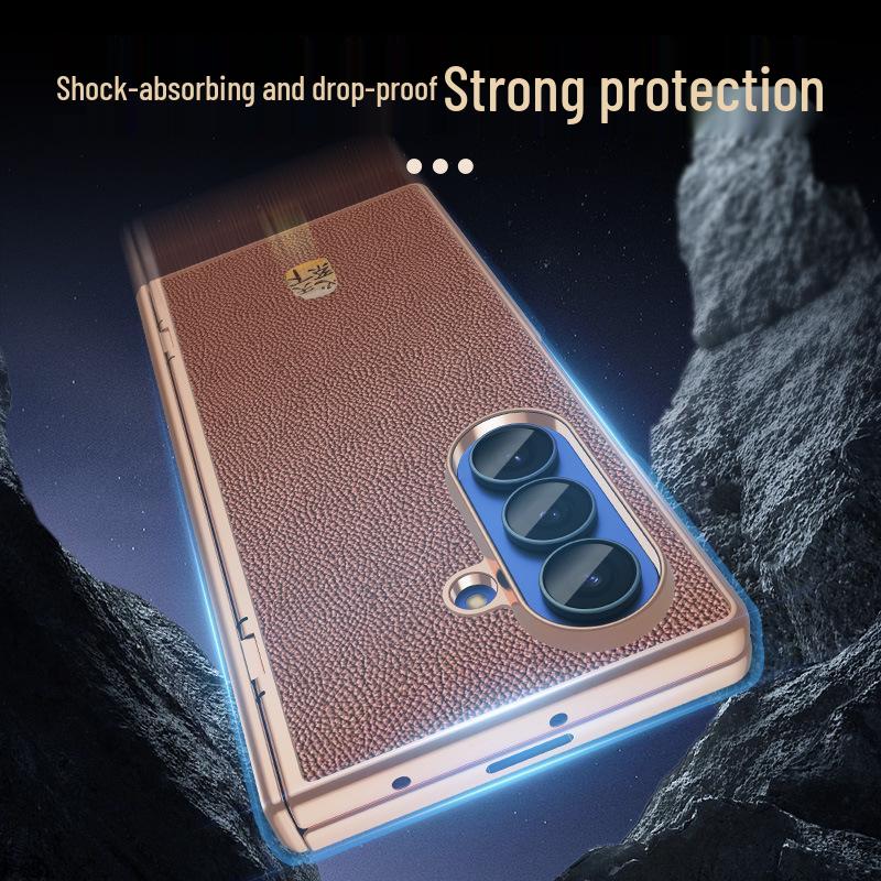 Genuine Leather Magnetic Phone Case for Samsung Z Fold7/6 - Electroplated Lychee Pattern Protective Shell with Integrated Film.