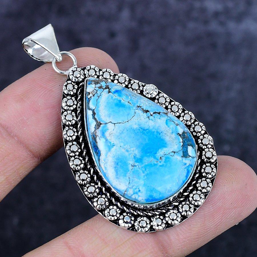Natural Tibetan Turquoise Gemstone 925 Sterling Silver Pendant 2.25" ETC-14208