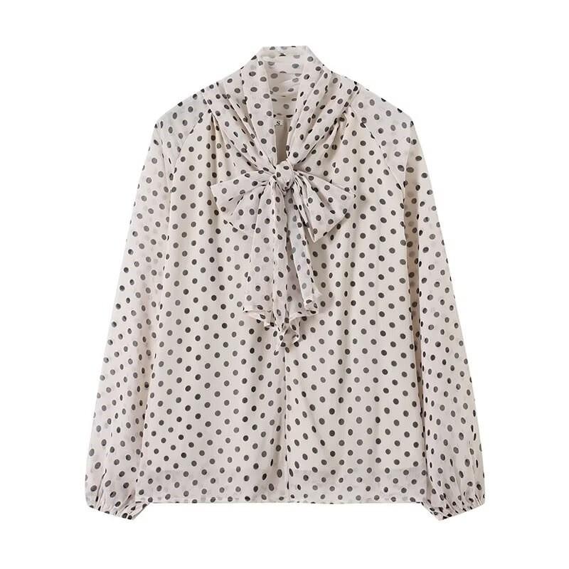 2026 Womens Loose Fit Polka Dot Long Sleeve Shirt Casual Wrap Collar Blouse