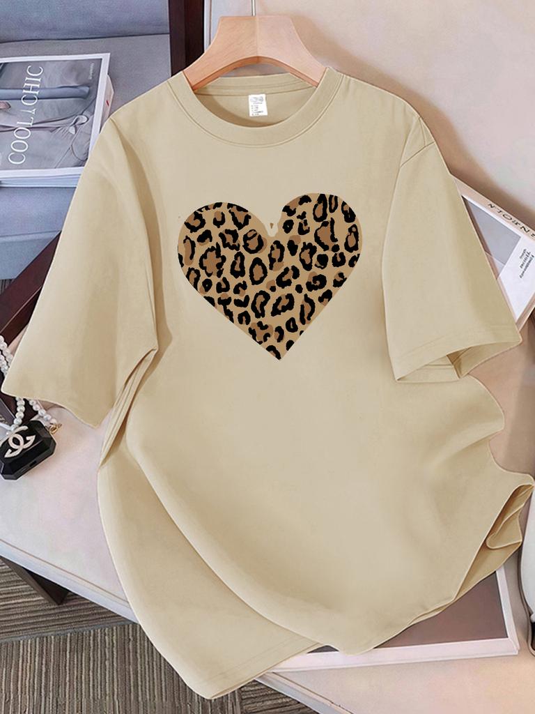 Summer Cotton TShirts Women Simple Leopard Print Heart Printing T Shirt ONeck Comfortable Loose Tops Street Womens Clothes