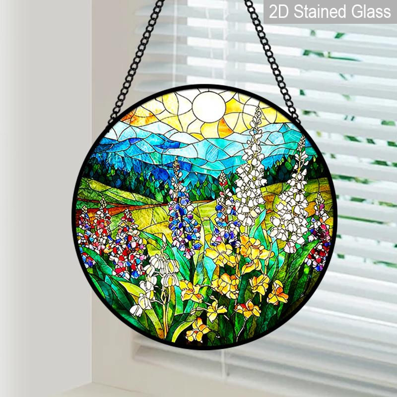 2D Flache Buntglasblumen-Fensterdekoration Farbige Glasplatte, 7,87 Zoll Hängendes Ornament mit Kette, Charmantes Frühling Sommer Sonnenfänger Zuhause
