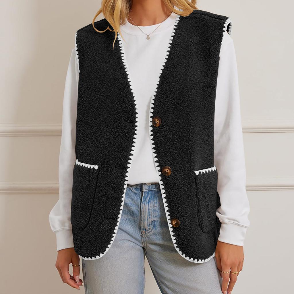 Women's V Neck Sleeveless Vest Loose Fit Casual Sherpa Waistcoat Single Button Fleece Gilet Winter Warm Layering Outerwear