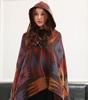 Sarah Rose Wool Poncho Ethnic Bohemian Print Soft Women's Coat/Cape/Shawl, Hoodie, Silhouette, Fall/Winter (Khaki)