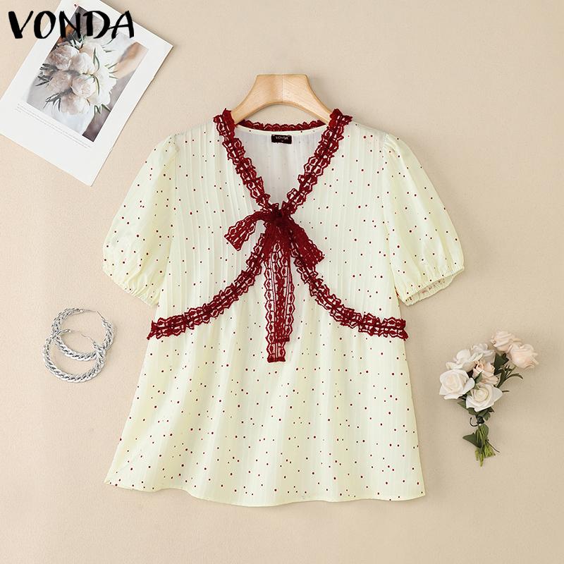 

VONDA Женская блузка с V-образным вырезом, пышными рукавами, кружевной отделкой и принтом в горошек, повседневная 2XL красный