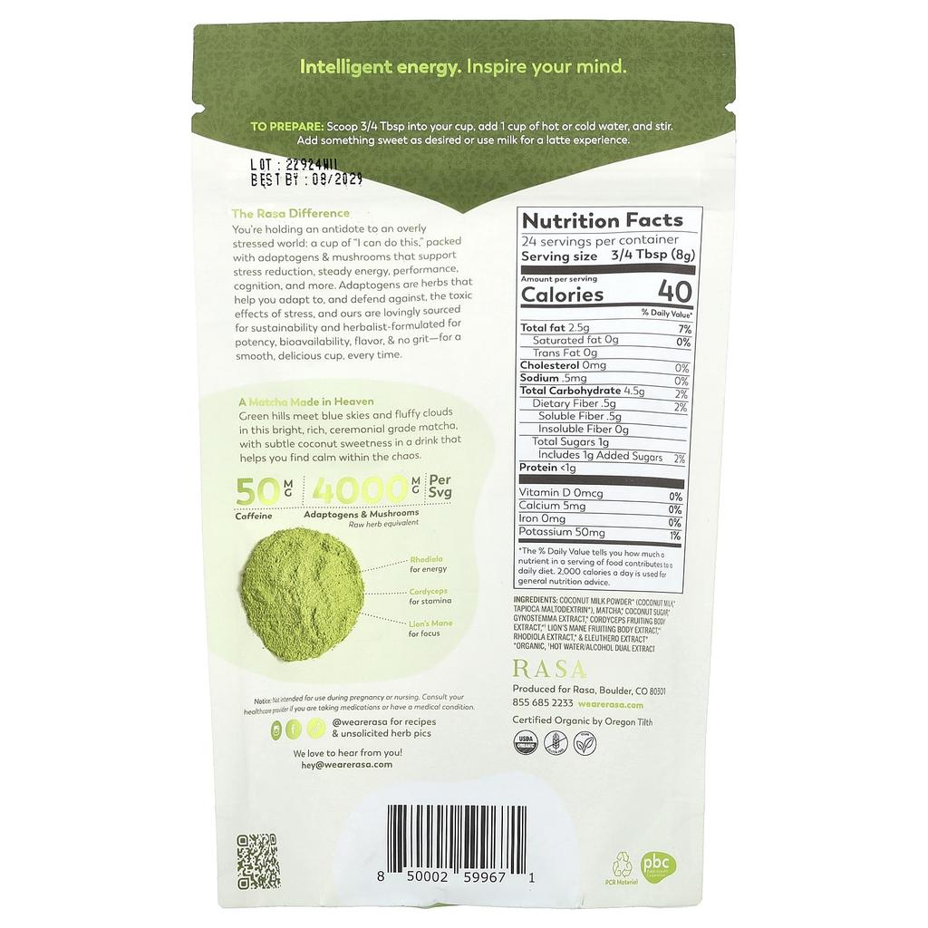 Rasa, Adaptogen and Mushroom Enhanced Matcha, Instant, Matcha Cloud, 6.77 Oz (192 G)