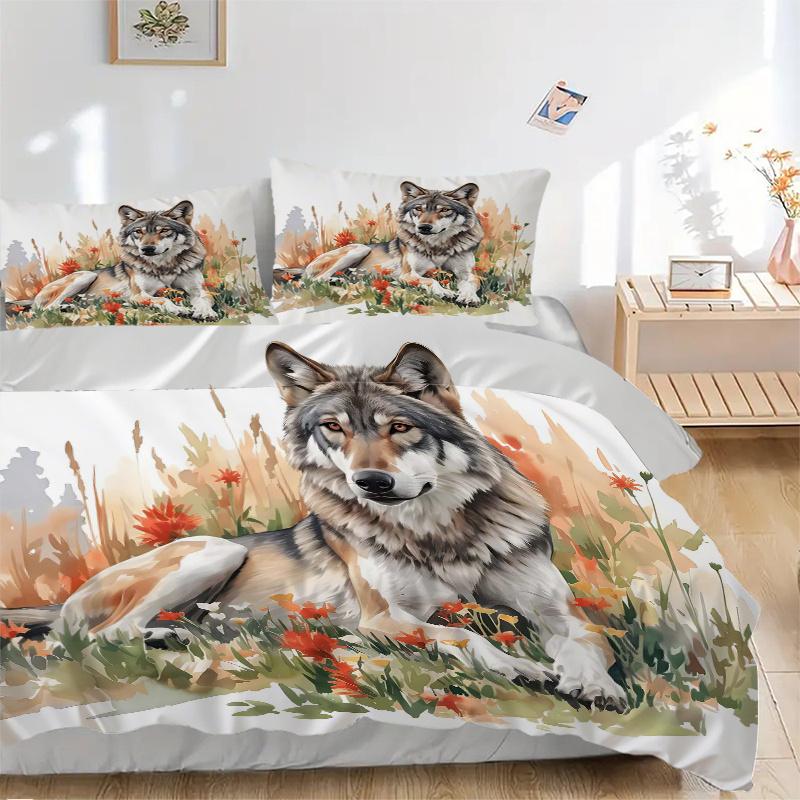 3pcs Wild Wolf amidst Autumnal Wildflowers Print Bedding Set (1 Cover + 2 Pillowcases, Without Inserts), This Printed Bedding Set is Soft and Com