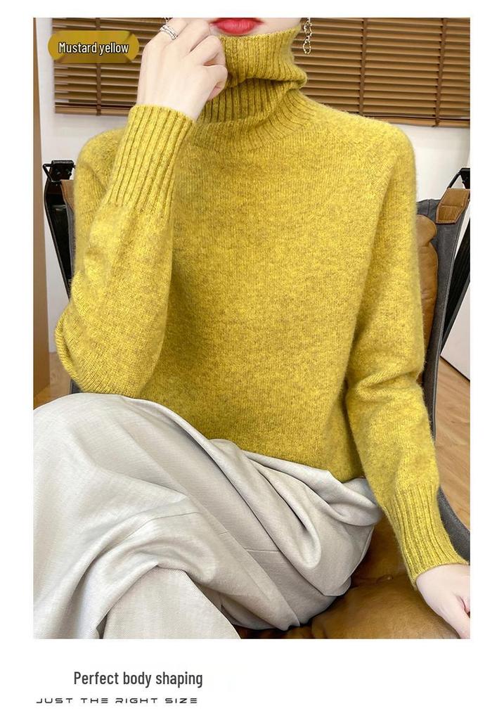 Women's Pure Wool High-Neck Sweater: Solid Color, Loose Fit, Thickened Base Layer, Autumn/Winter Collection