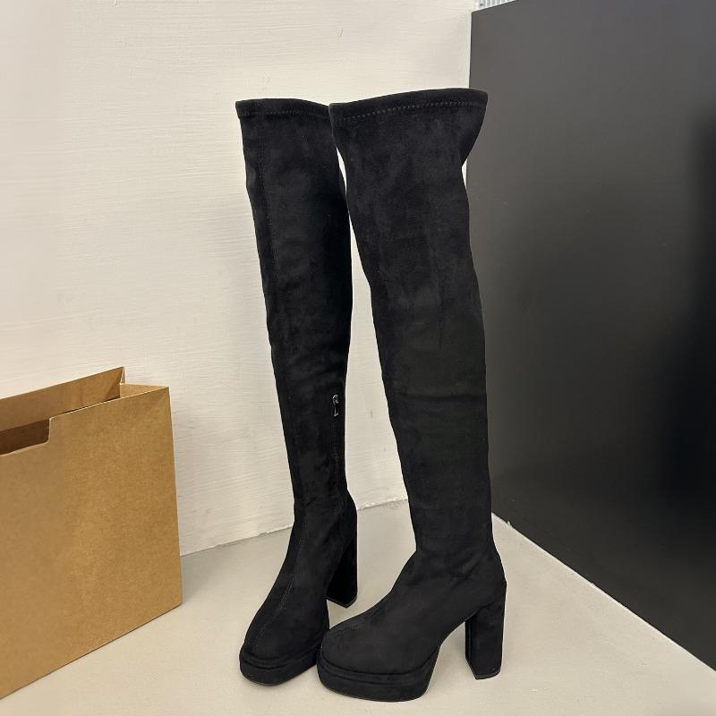Nightclub Fashion Woman Thigh High Boots Sexy Thick High Heels Party Autumn Winter Ladies Fleece Lined Over-the-knee Booties