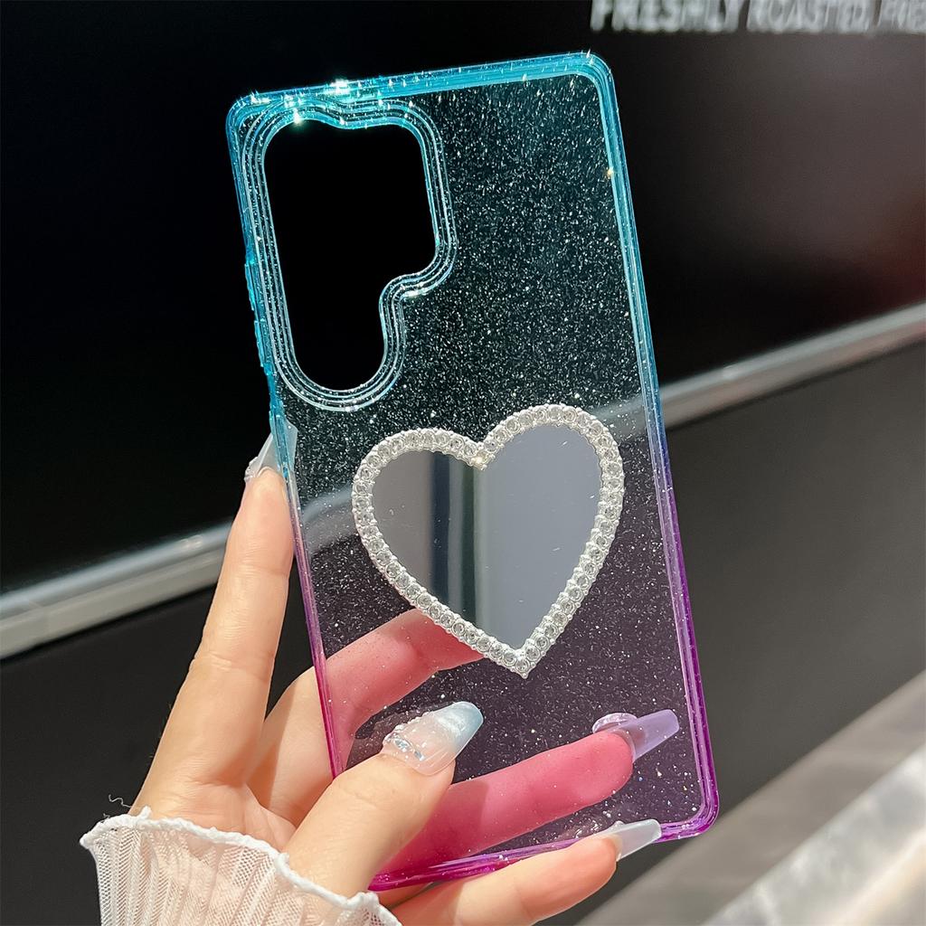 For Samsung Galaxy S25 Ultra Case Glitter Dual Color PC+TPU Clear Phone Cover with Heart-Shape Mirror