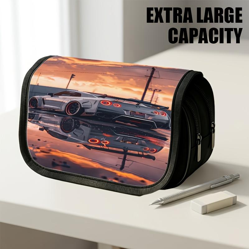 1 Stück doppellagiges Klapp-Federmäppchen, Silbernes Auto Reflektierender Pfützen-Sonnenuntergangshimmel, Große Kapazität, Tragbare Polyester-Stifteaufbewahrungstasche mit Reißverschluss, Ausweis