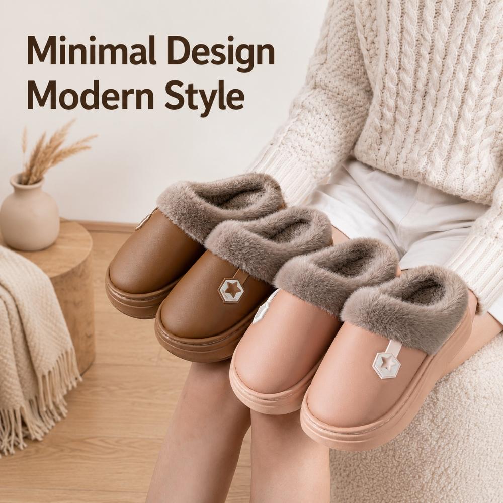 Unisex Closed-Toe House Slippers with Plush Lining, PU Upper, Thick EVA Sole and Slip-On Design for Indoor Winter Wear