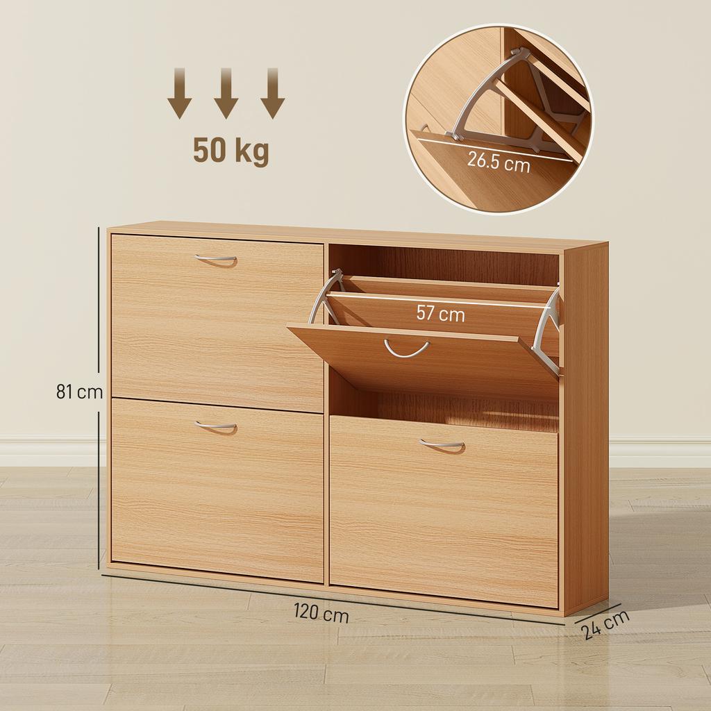 Slim Shoe Cabinet for 24 Pairs, 4 Drop-Down Doors, Adjustable Shelves, 120x24x81cm, Wood