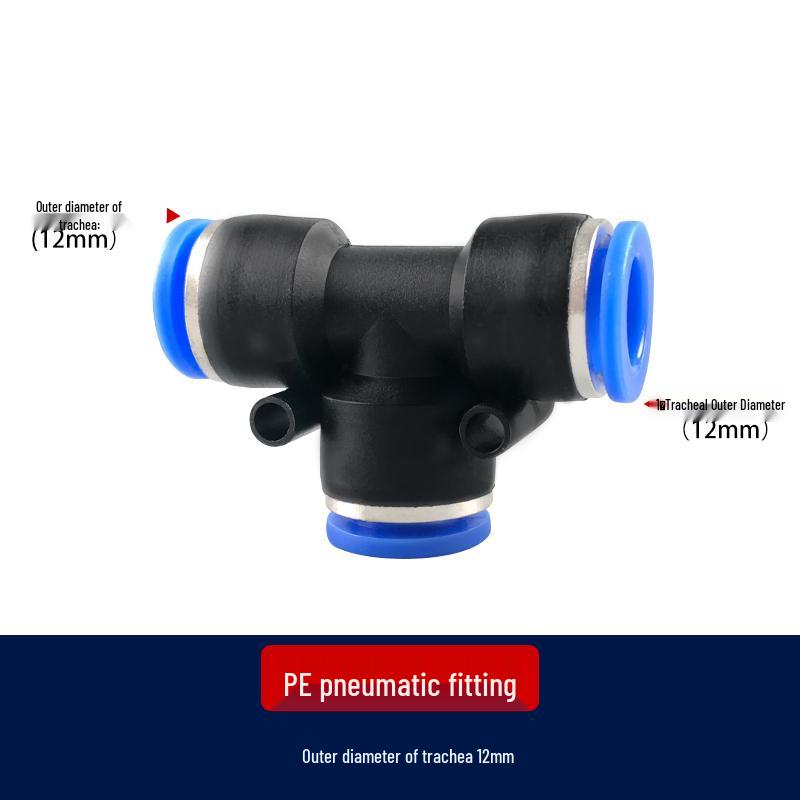 T-Type Pneumatic Hose Quick Connector, Push-in, PE Plastic, Sizes 4-16mm