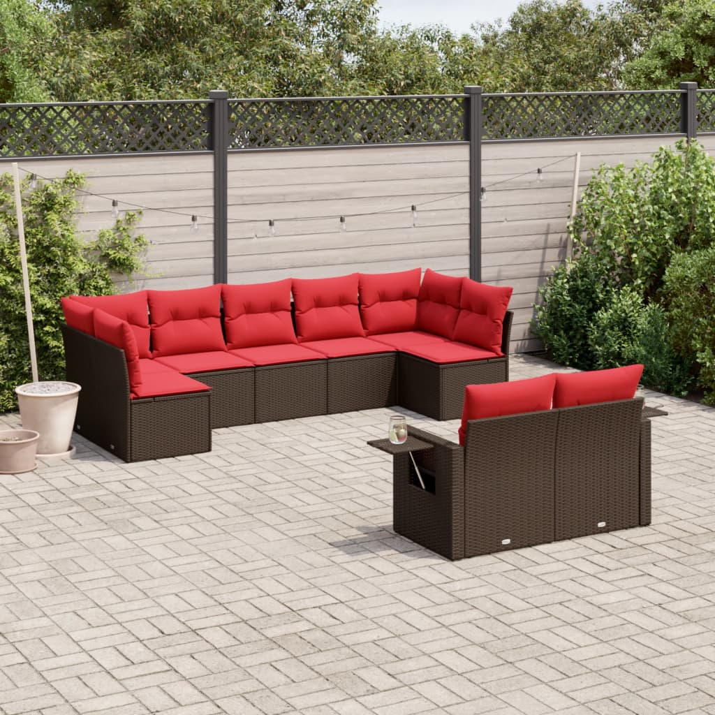 9 Piece Garden Sofa Set with Cushions Brown Poly Rattan