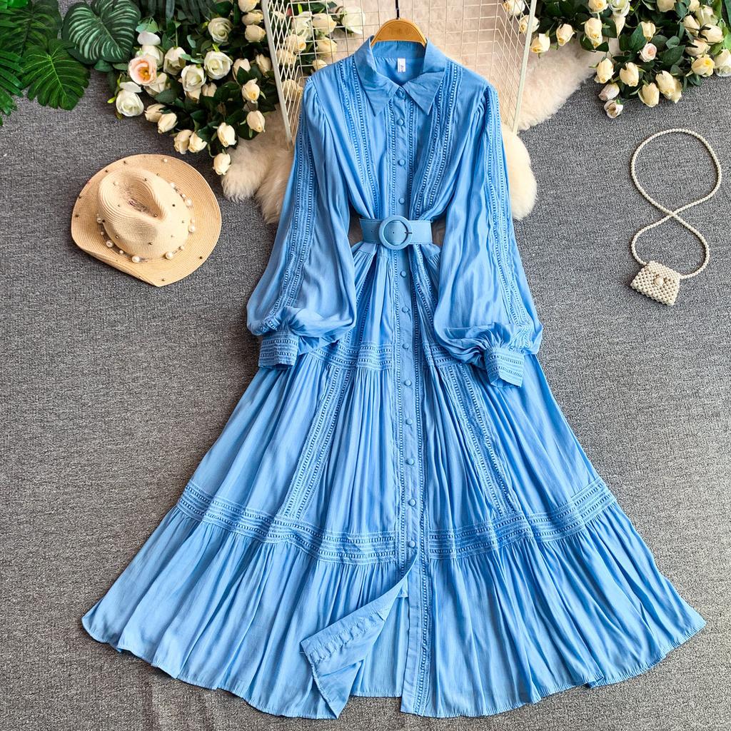 Gentle Wind Retro Sweet Lace Splicing Lantern Sleeve Dress Women's Spring and Autumn Breasted Waist Pendulum Elegant Long Dress