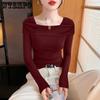 Women's Knitted Top with One Collar Spring and Autumn Design T-shirt Women's Interior Bottom Shirt
