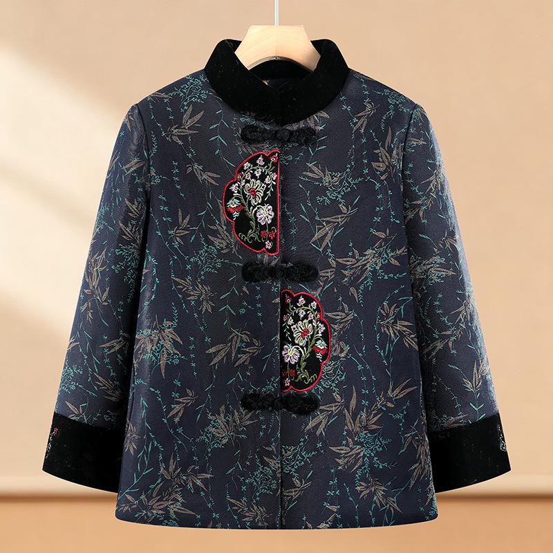 Elderly Women's Winter Cotton Jacket, Grandma’s Plus Velvet Thickened Tang Suit, Warm Stand Collar Outerwear for 70-Year-Olds