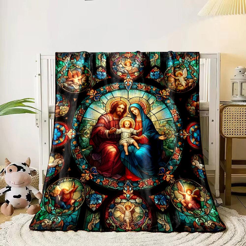 Holy Family Stained Glass Throw Blanket bedroom Blanket for Livingroom Couch lunch break Soft Cozy throw for Friend's festival Gift