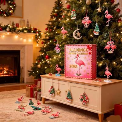 2025 Flamingo Adventní kalendář 24denní odpočítávací kalendář s akrylovými ozdobami plameňáků Růžová tropická dekorace s tématem plameňáků pro plameňáka