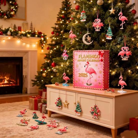 2025 Flamingo Advent Calendar 24 Days Countdown Calendar with Acrylic Flamingo Ornaments Pink Tropical Flamingo-Themed Holiday Decoration for Flamingo