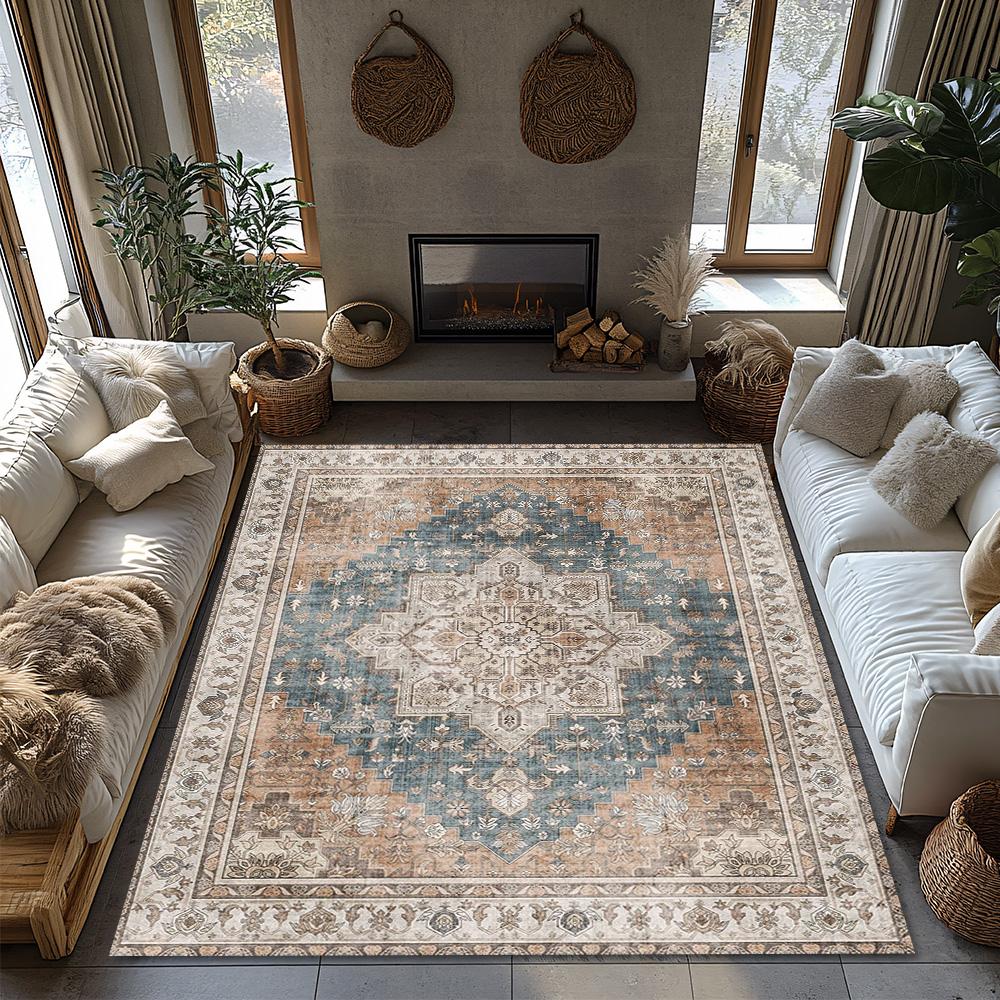 Blau-Brauner Böhmischer Teppich, Ethnisches Geometrisches Muster Rutschfester Teppich, Natürliche Wohnzimmer Matte für Gemütliche Heimdekoration
