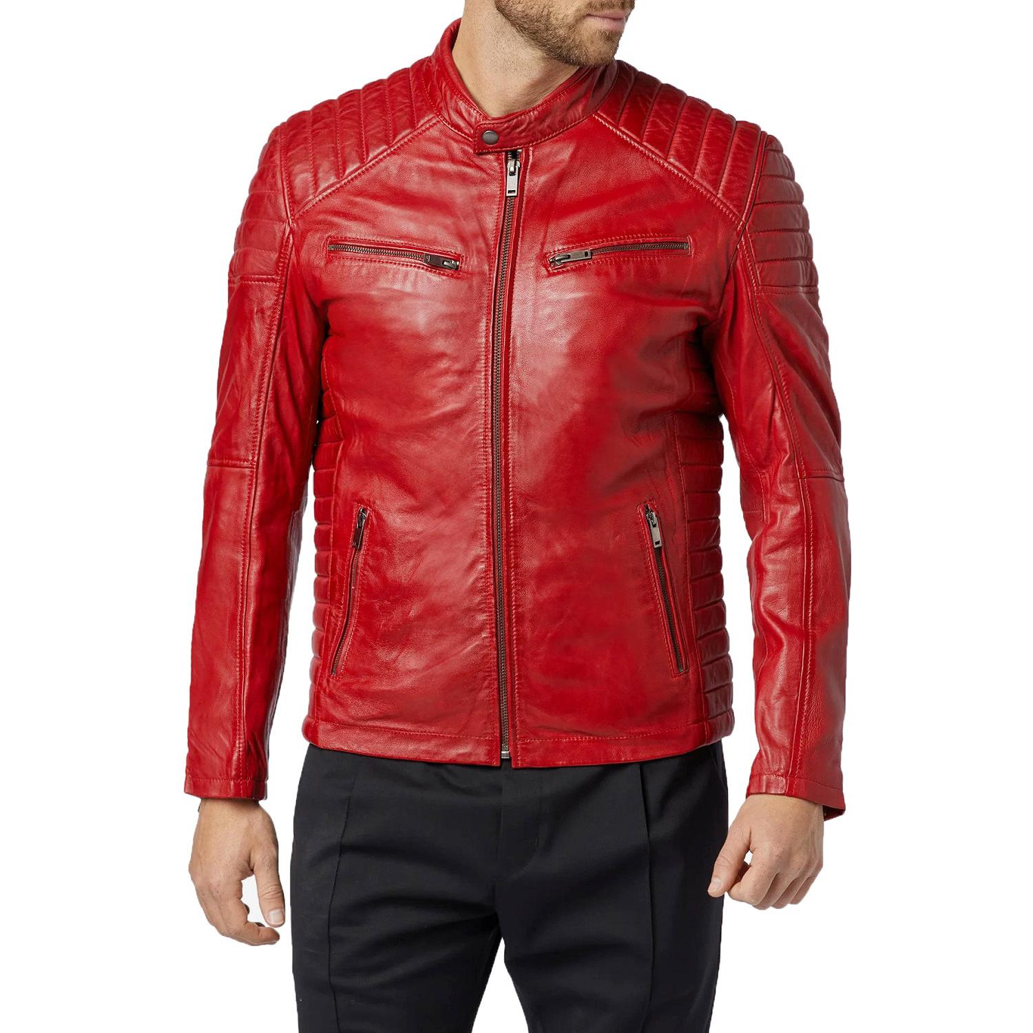 

SkinOutfit Men s Genuine Lambskin Red Leather Jacket Stylish Motorcycle Bomber Biker Outerwear MJ 139 XL червоний