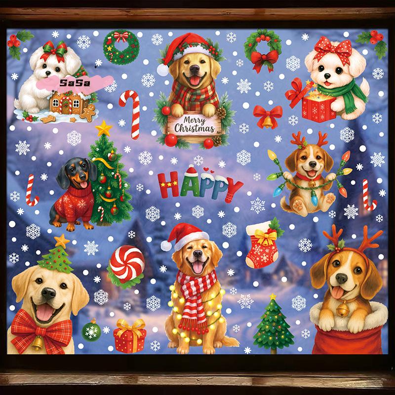 Christmas Wreath Puppy Glass Stickers Static Decorations Gift Box Shopping Mall Window Decoration Holiday Theme