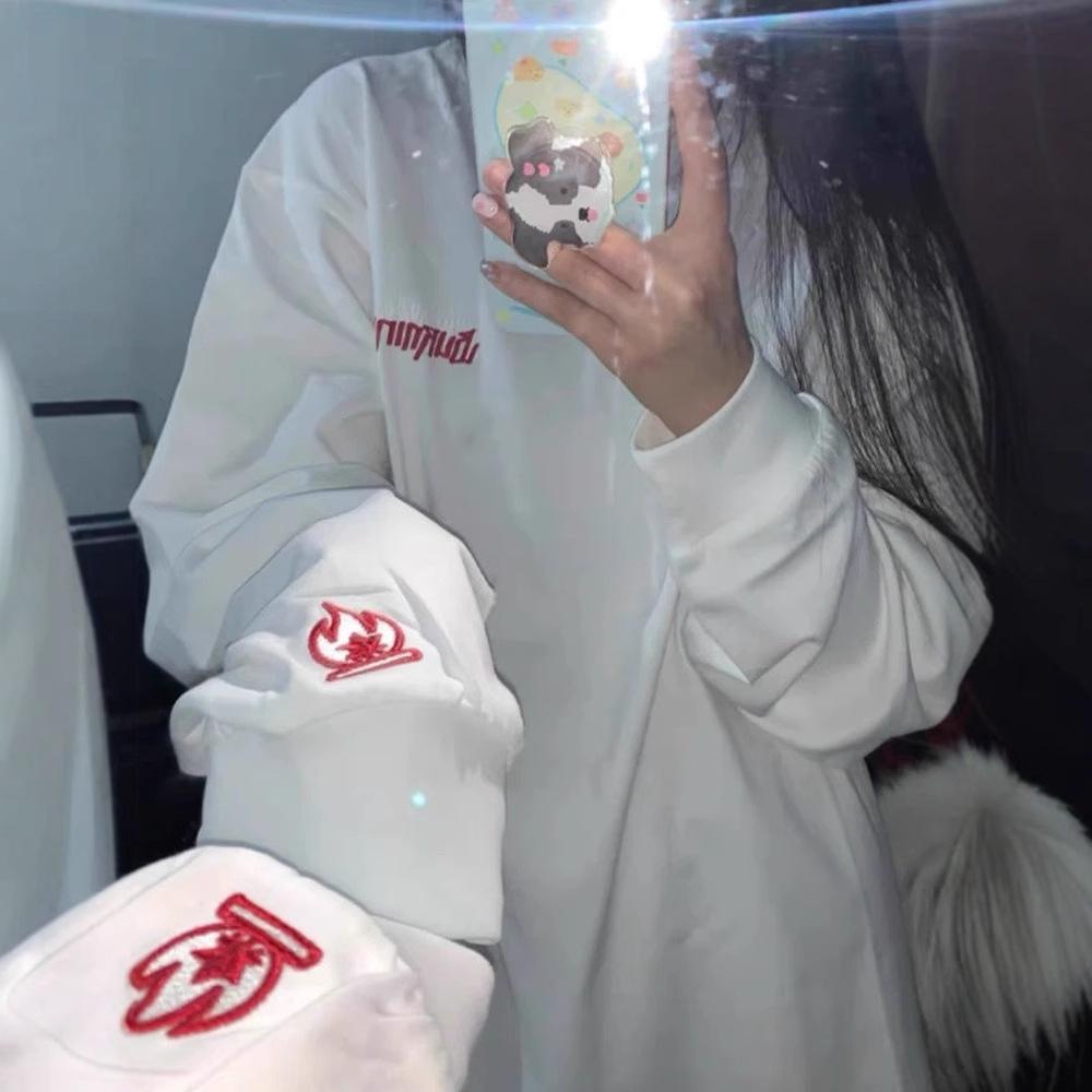 Unisex bluza z haftem płomienia - jesienno-zimowa koszulka z długim rękawem, luźny krój, warstwa bazowa