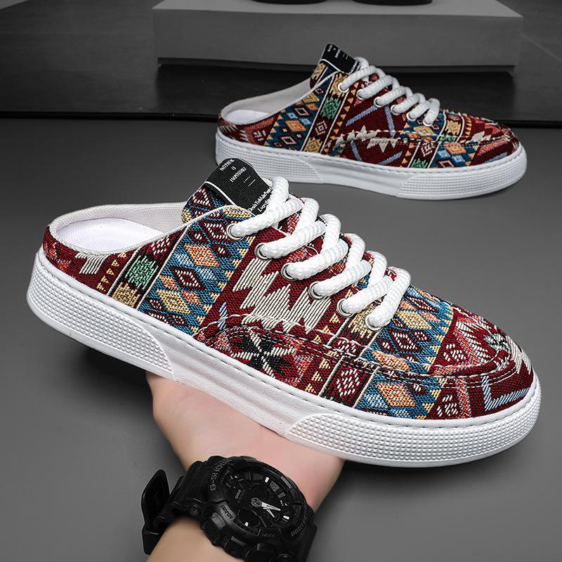 2025 Summer New Half-tray Men's Board Shoes One Pedal Half-drag Mesh Breathable Lazy Casual Canvas Trend Shoes