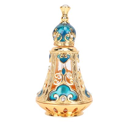 Vintage Perfume Bottle Reusable Zinc Alloy Middle Eastern Style Hollow Out Sealed Liquid Bottle Golden Blue