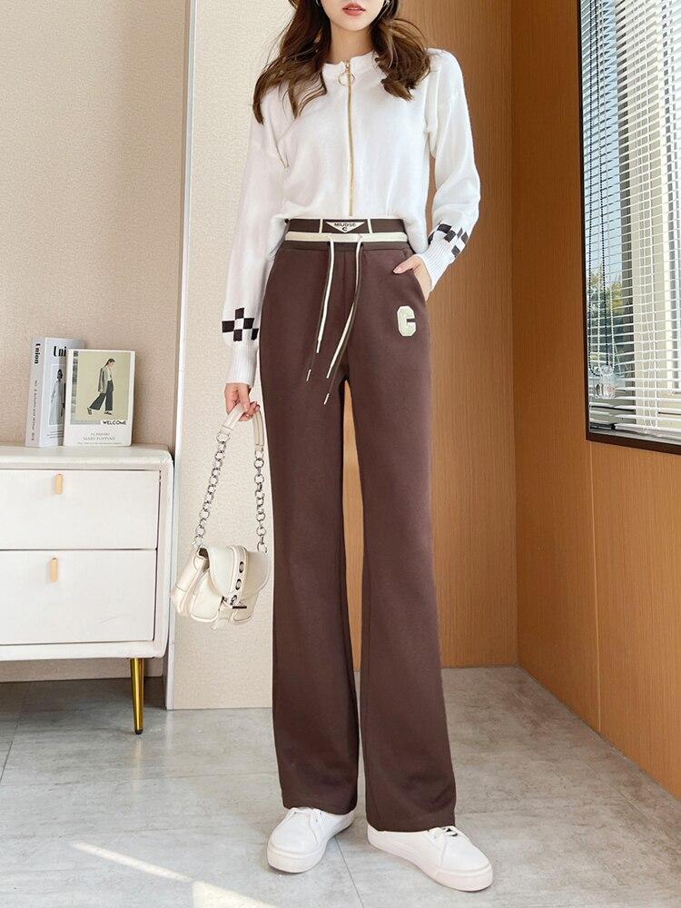 

Осень-зима, новые винтажные свободные однотонные повседневные брюки с высокой талией в стиле Харадзюку, модные брюки-клеш, женские утепленные широкие брюки на шнуровке XXXXL коричневый