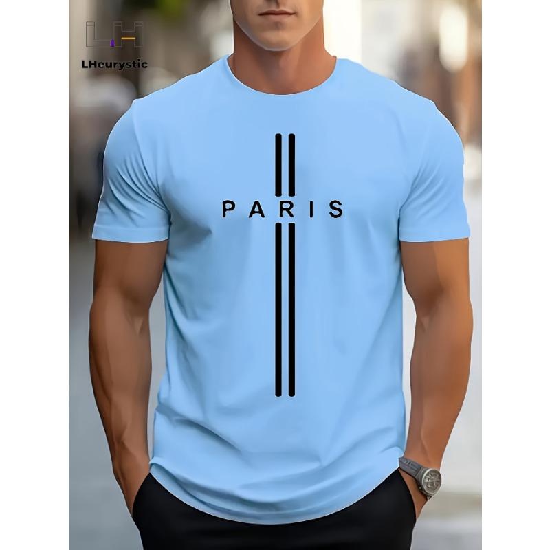 Men's Summer Loose Size PARIS Letter Graphic Printed Slim Fit Casual Sports Round Neck Short Sleeved T-shirt Top
