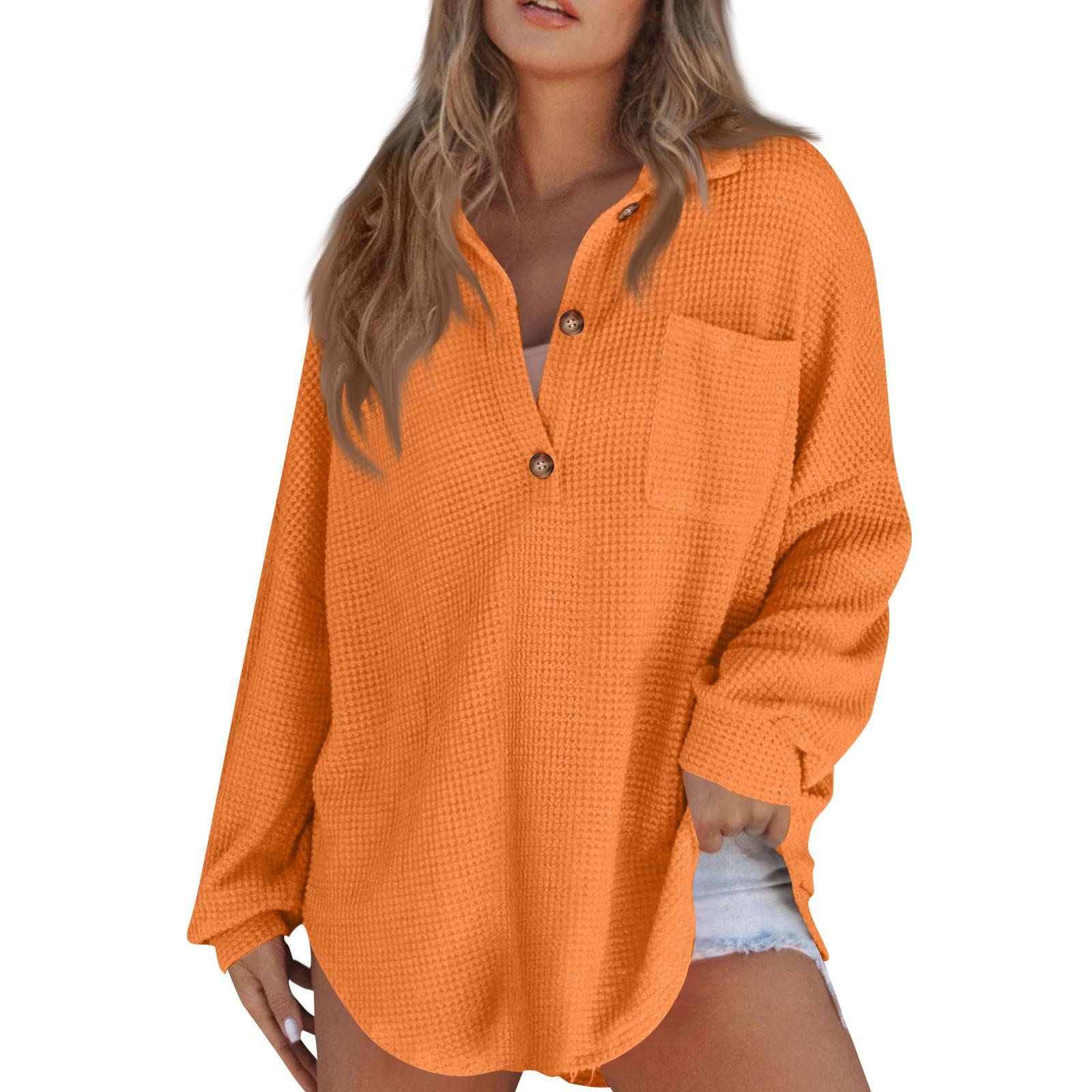 

Женская мода однотонный трикотажный топ с длинным рукавом и V-образным вырезом однотонный повседневный топ-туника L оранжевый