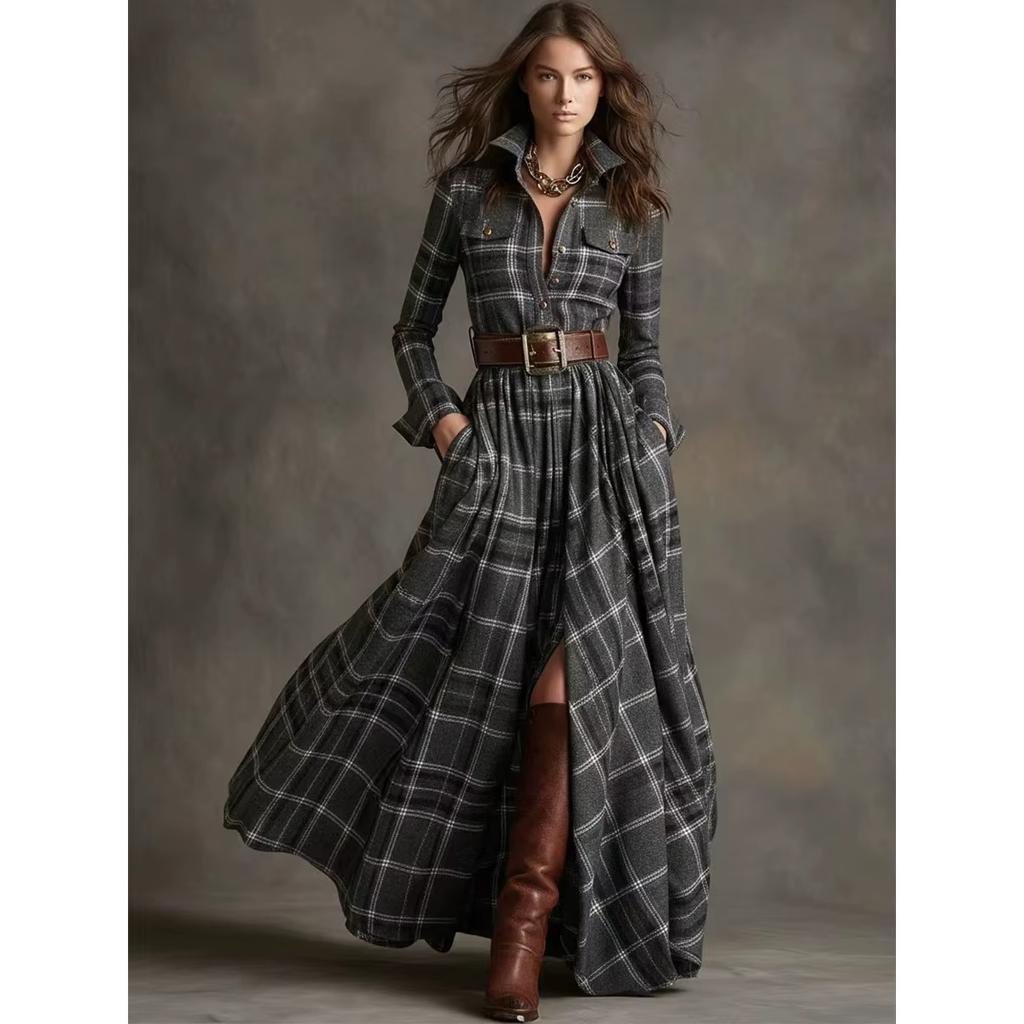 LYRIA French Women's Plaid Dress Shirt Button Cardigan Lapel Fashion Belt Pocket Irregular Design A-line Long Skirt for Female