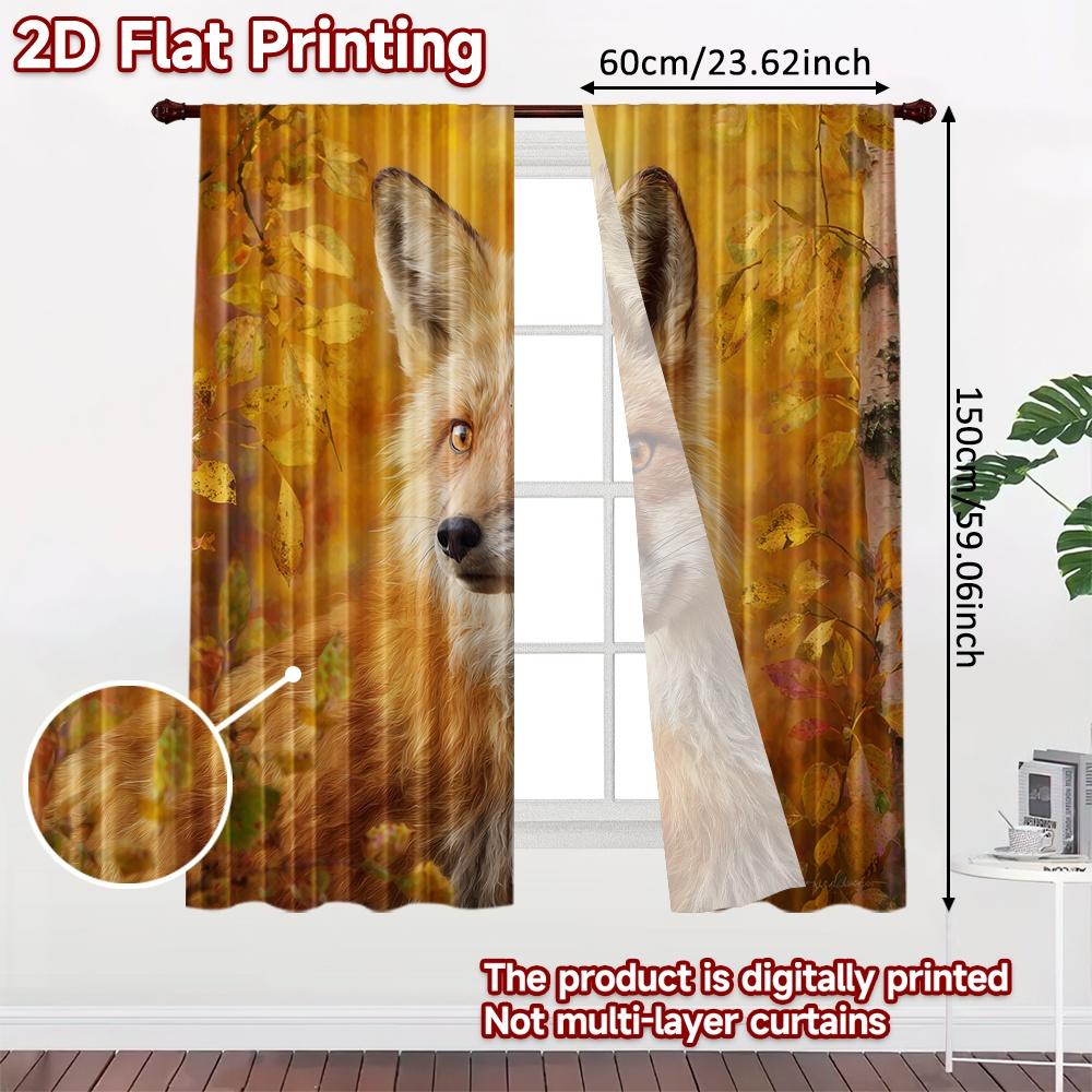 2pcs, 2D FLAT PRINTING Curtains (Without Rod) Autumn Fox(1) Christmas Festival Chic Print Curtains Polyester Curtains Gifts for